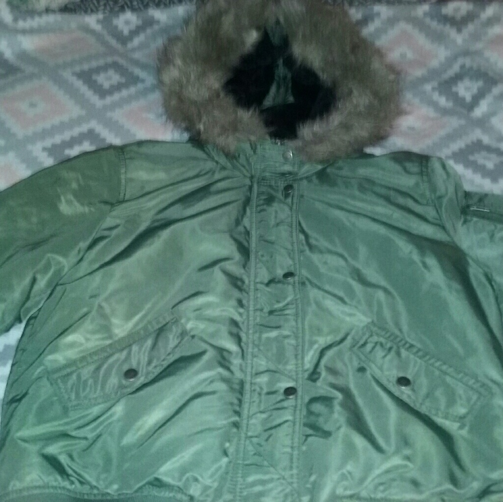 Mossimo Girls XL Army Green Fur Hood Aviator Coat - Picture 8 of 8